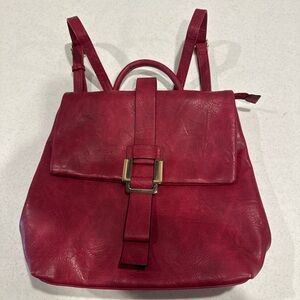 Berry Red Faux Leather Backpack Leopard Print Interior Multi-Pocket Buckle Front